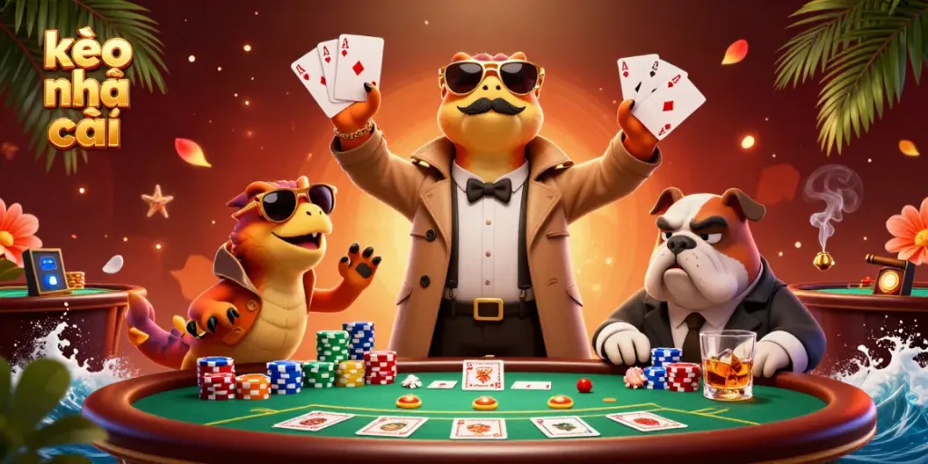 Experience kèo nhà cái with thrilling poker action featuring three cartoon raptors and a bulldog bouncer in a vibrant casino!