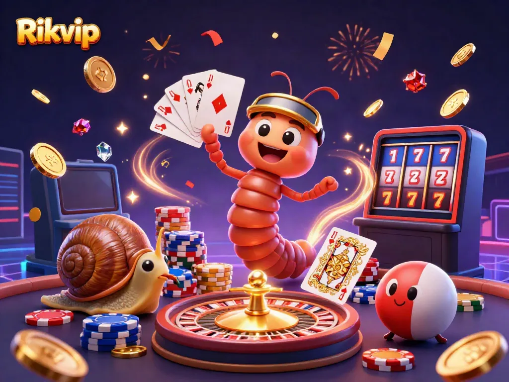 Experience exciting gameplay at Rikvip with a vibrant and dynamic 3D casino scene featuring intricate characters and game elements.