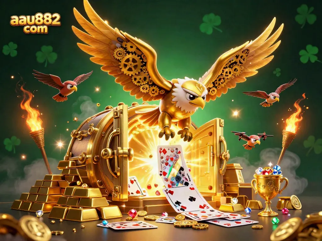 Experience the thrill of online gambling with aau882 com's captivating golden eagle in a vibrant casino scene.