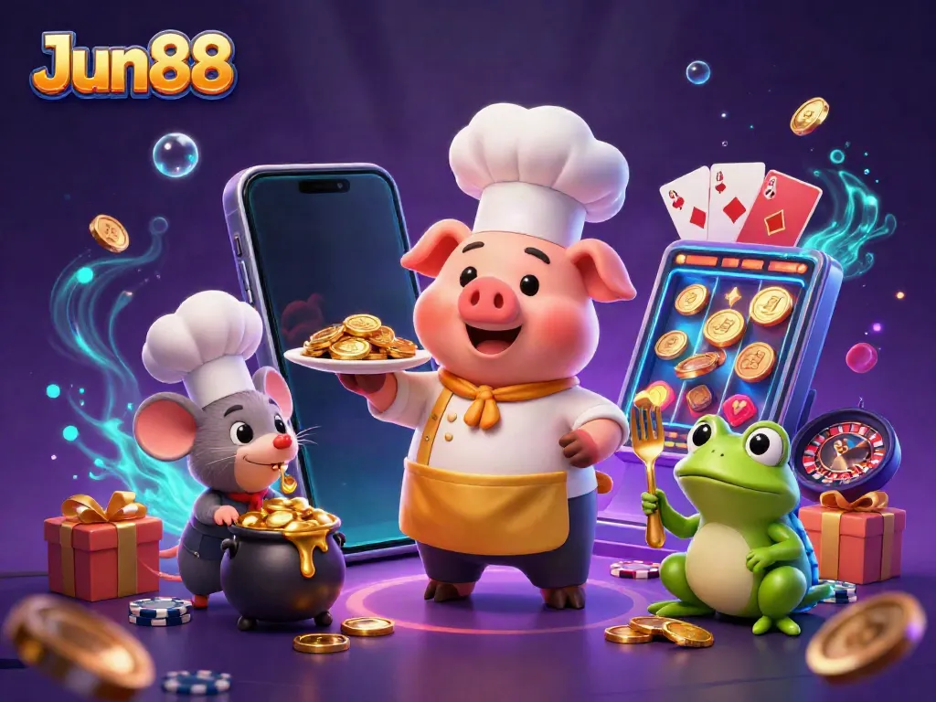 Experience the Jun88 casino excitement with our vibrant chef pig, sous-chef mouse, and critic frog serving gold coins and playful elements.