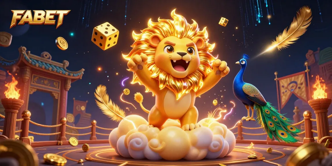 Engage with FABET's vibrant online casino scene featuring golden mane lion and cosmic dice.