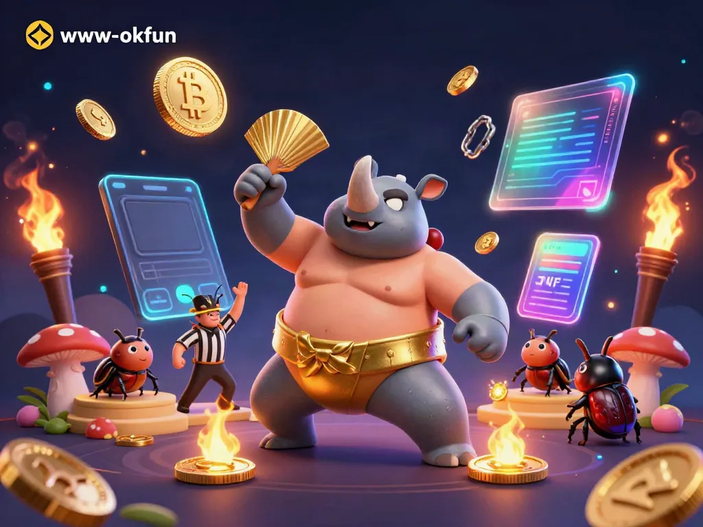 Experience thrilling action at www-okfun with a sumo beetle champion amid flying coins and blockchain elements.