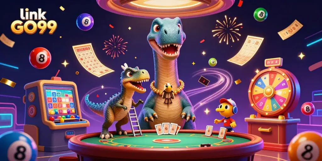 Experience the excitement of link GO99 as a brontosaurus peeks into the poker game, surrounded by dynamic casino elements.