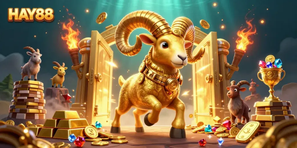 Experience the thrill of HAY88 casino with a dynamic 3D scene packed with gold and treasure.
