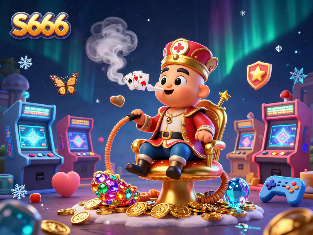 S666 showcases a vibrant 3D casino scene featuring a caterpillar master with poker symbols and arcade elements.
