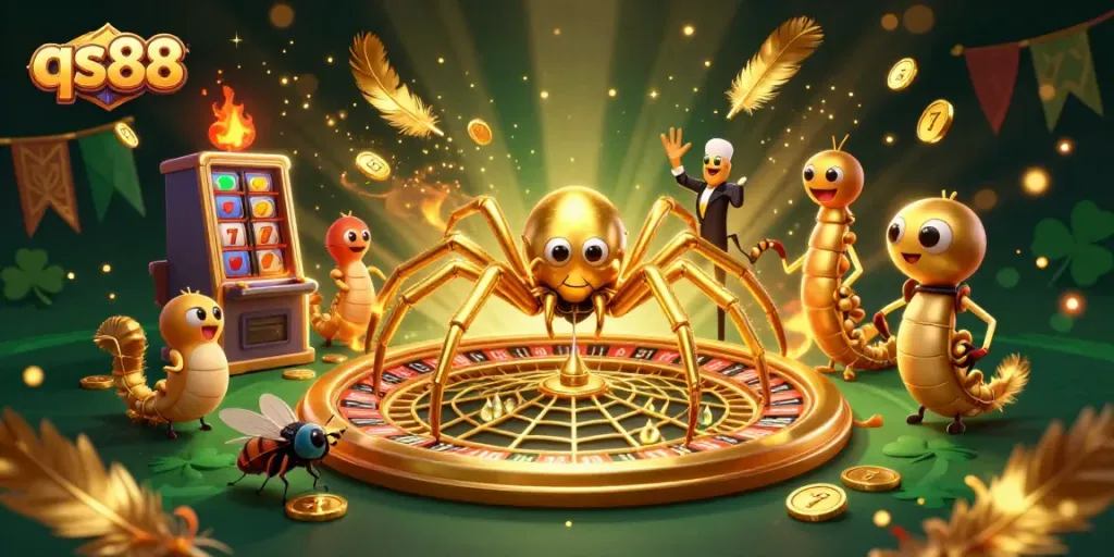 Place bets with qs88 at the roulette wheel in a vibrant 3D casino illustration.