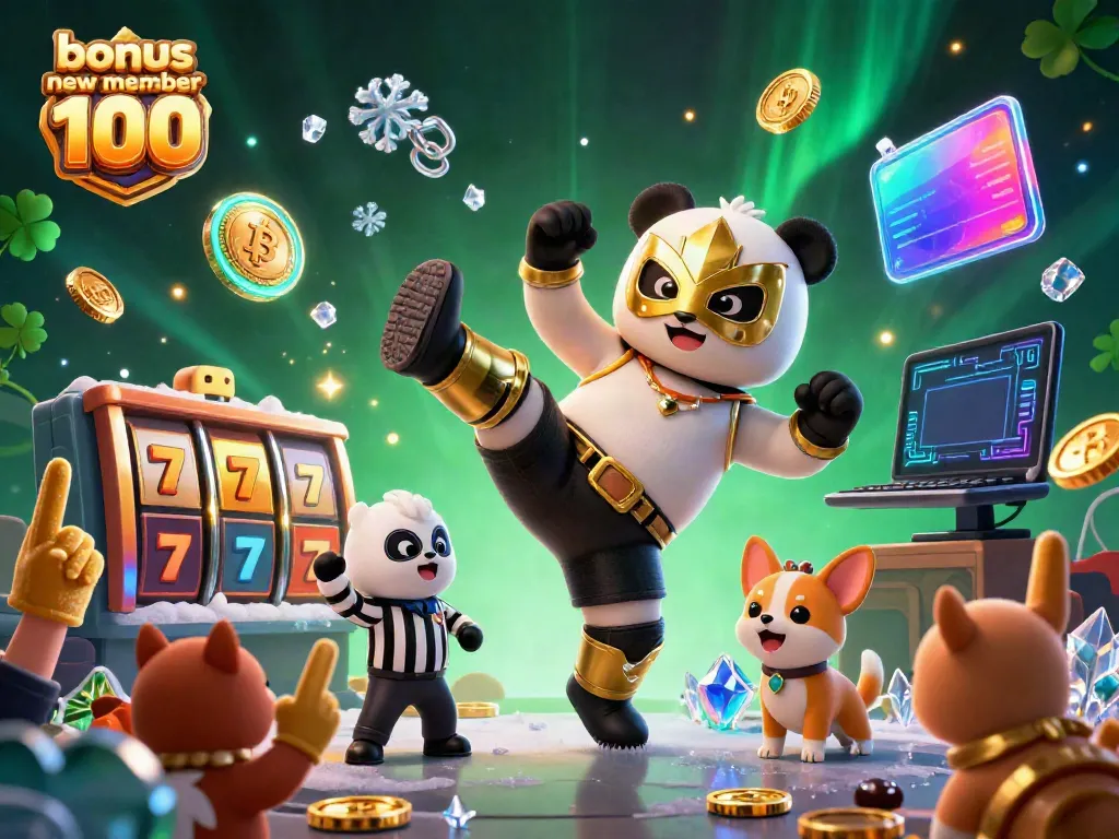 Engaging scene showcasing a panda in a wrestling mask, celebrating the bonus new member 100 promotion in a lively casino atmosphere.