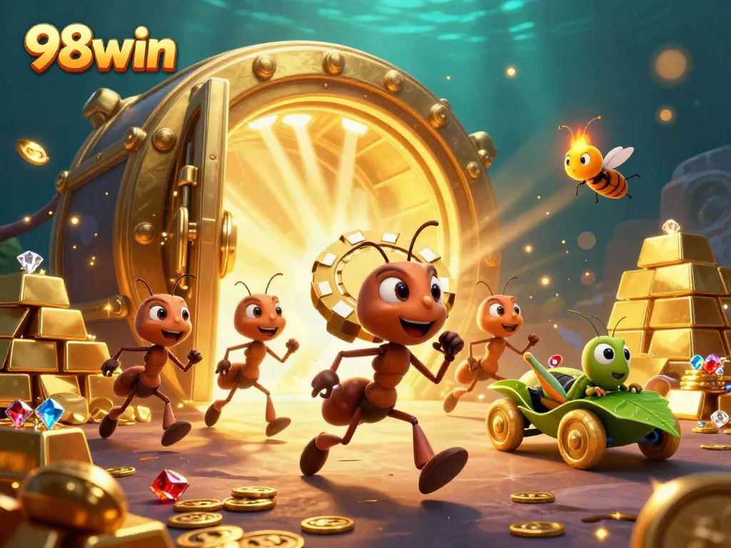 Team of ants carrying a giant poker chip for 98win in a vibrant casino scene.