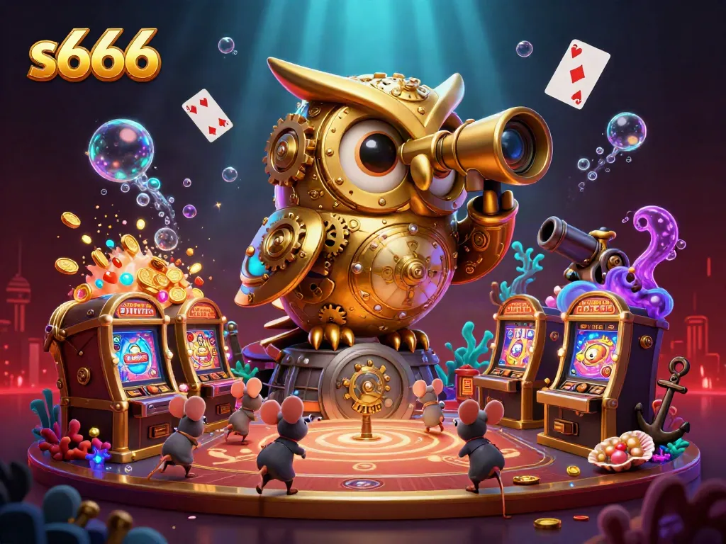 S666 casino's vibrant illustration showcases a golden mechanical owl observing animated gaming action, with colorful gems and dynamic elements enriching the scene.