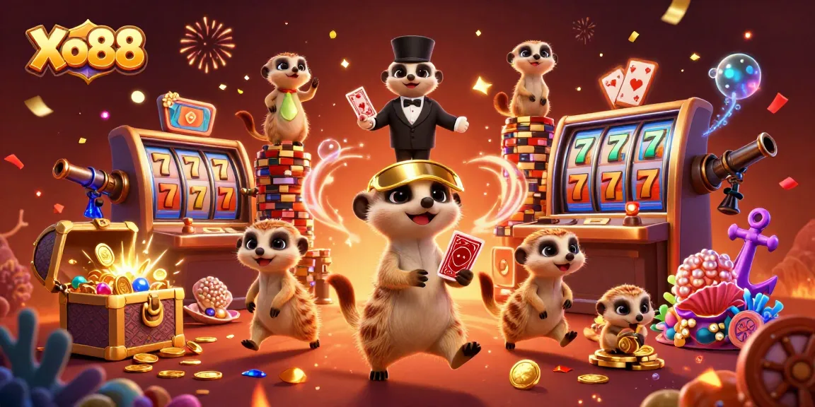 Xo88 showcases a vibrant casino scene with meerkats at their gaming tables, embodying excitement and joy.