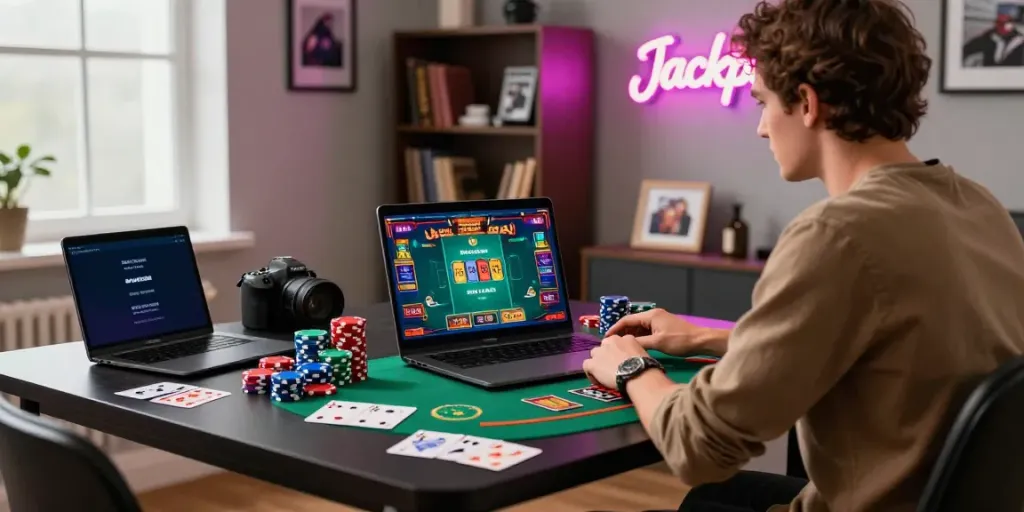 Engaged player enjoying non UK casino games in a stylish home office setting.