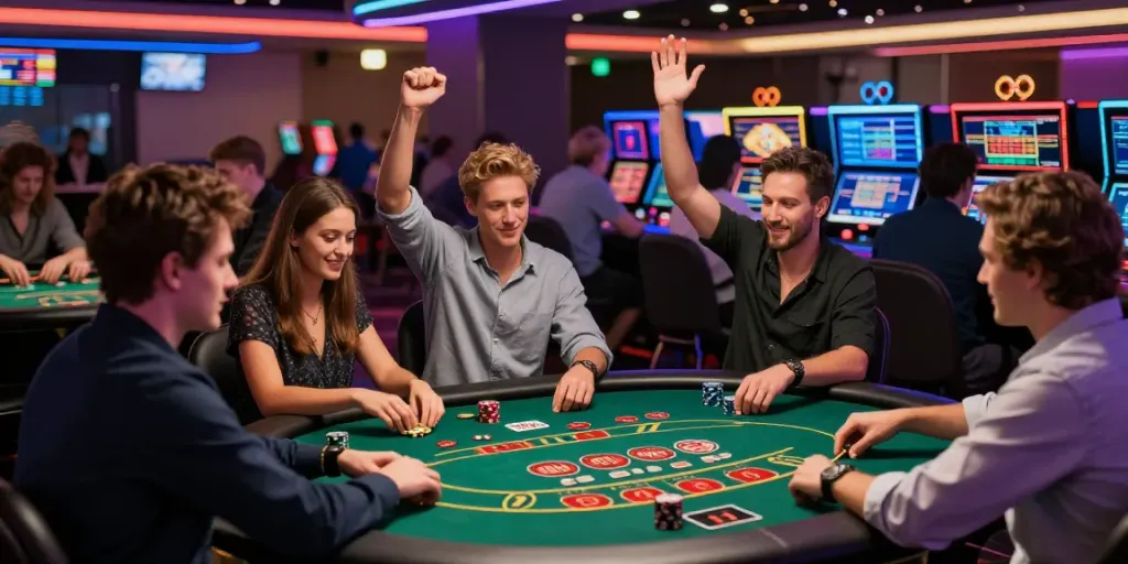 Exciting non UK casino scene with diverse players enjoying gaming tables and vibrant atmosphere.
