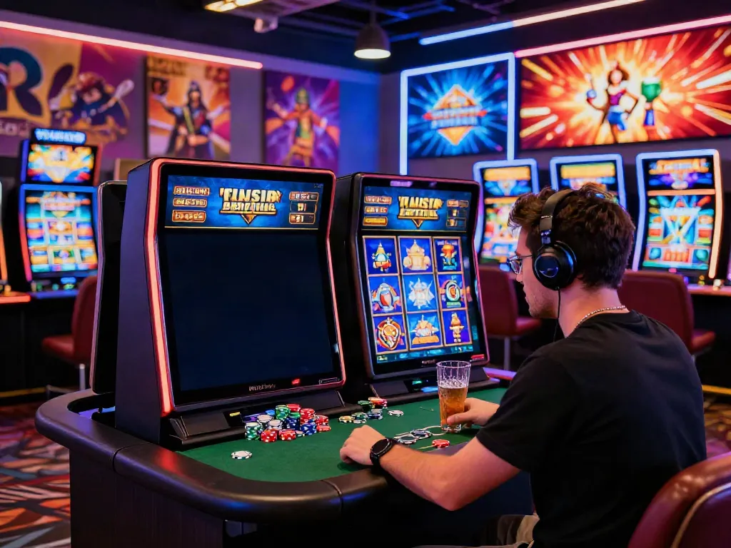 Exciting online gaming experience at a non UK casino with a player focused on the laptop, illuminated by neon lights.