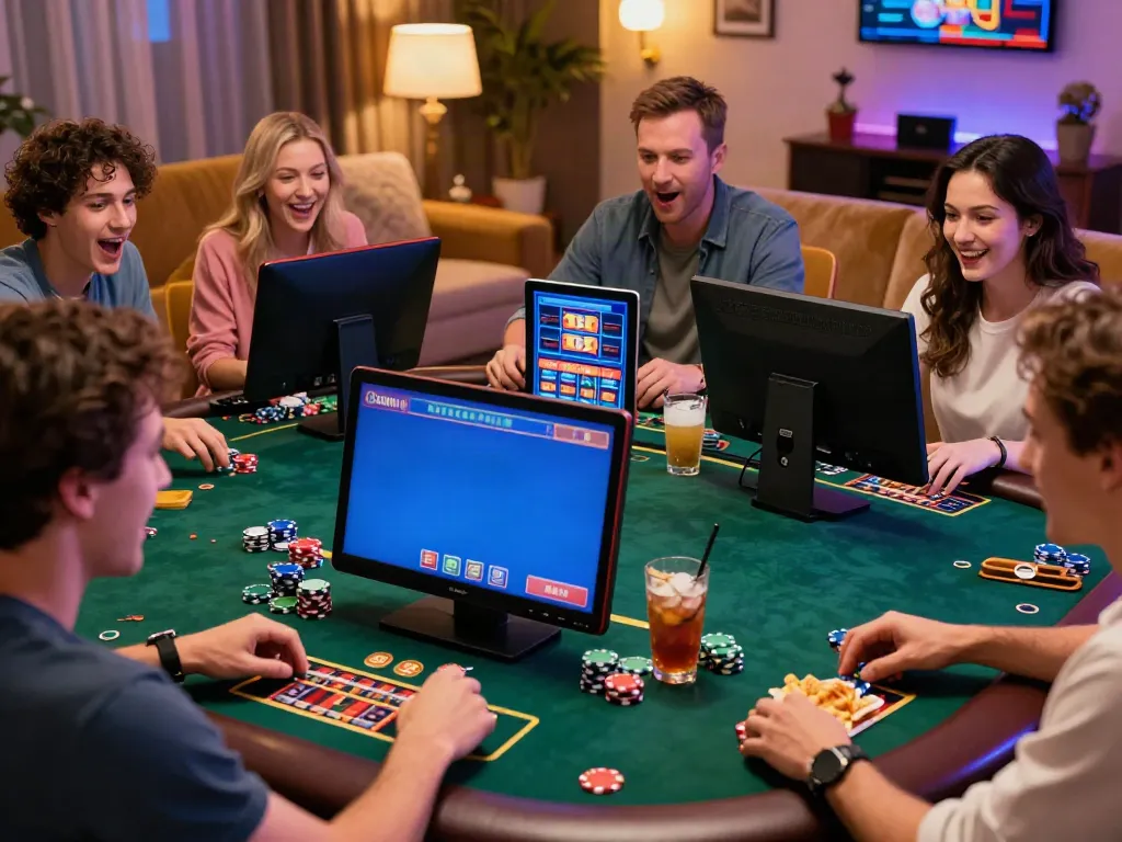 Engaged players enjoying games at a non UK casino in a cozy home setting.