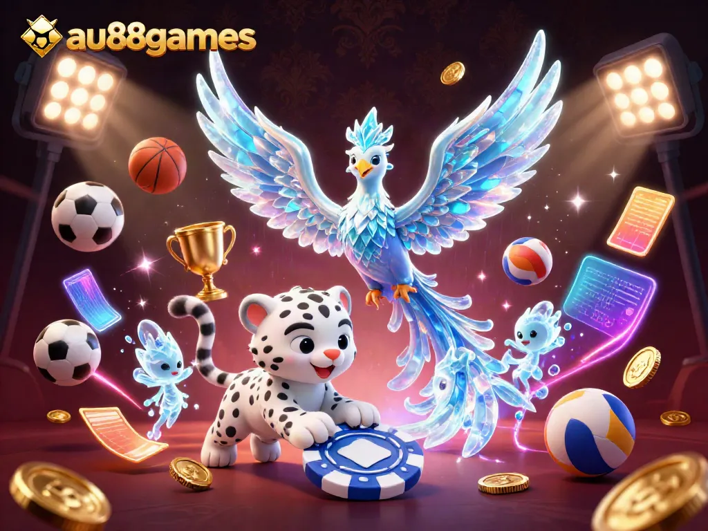 Engage in winning strategies at au88games with an exciting 3D casino illustration showcasing vibrant characters and sports elements.
