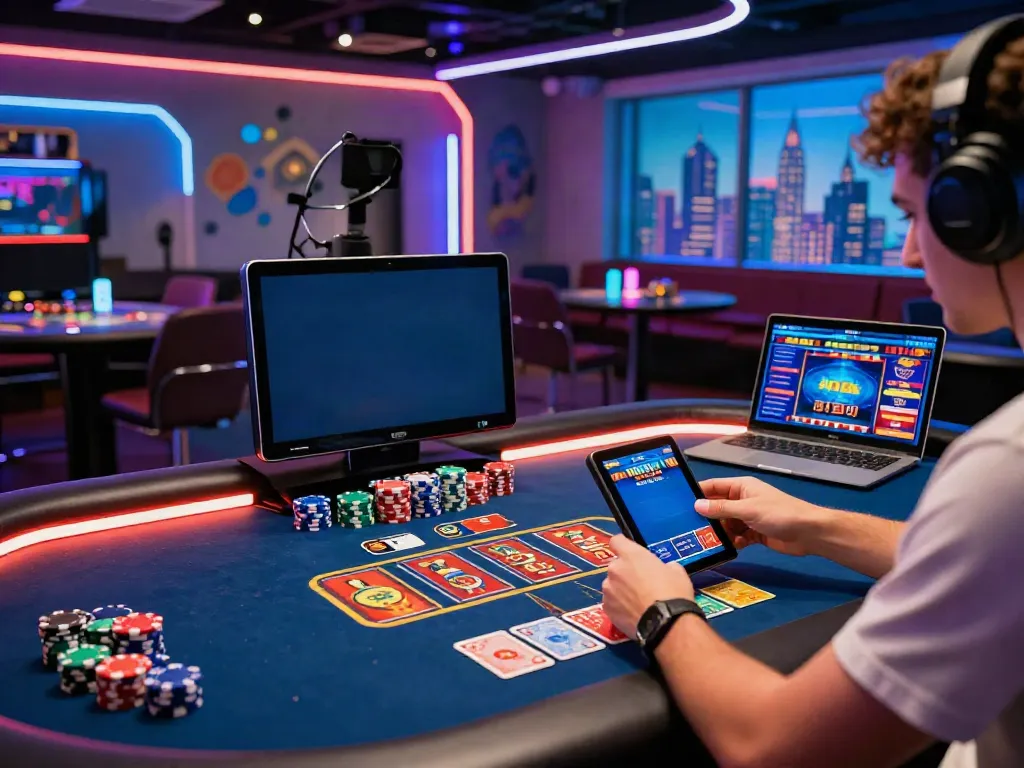 Engaging scene of a player at a non UK casino, showcasing vibrant gaming atmosphere.