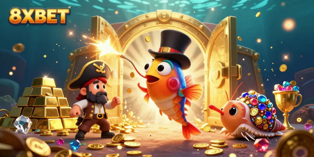 8XBET's exciting underwater casino adventure showcases vibrant characters attracting treasure.