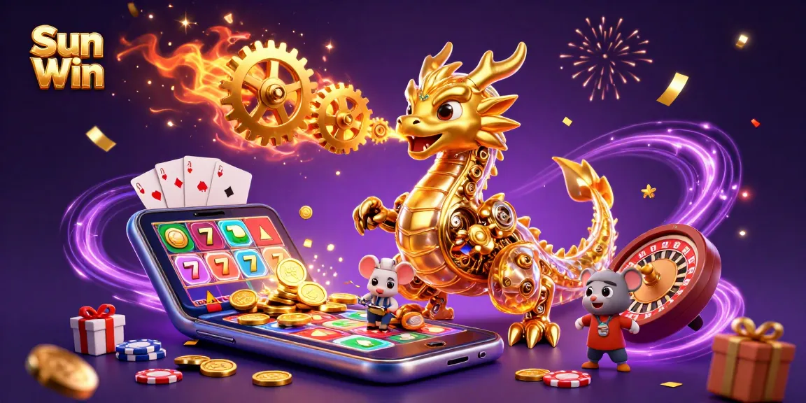 Engage in thrilling games at Sun Win with a rich 3D illustration showing golden dragon and game elements.
