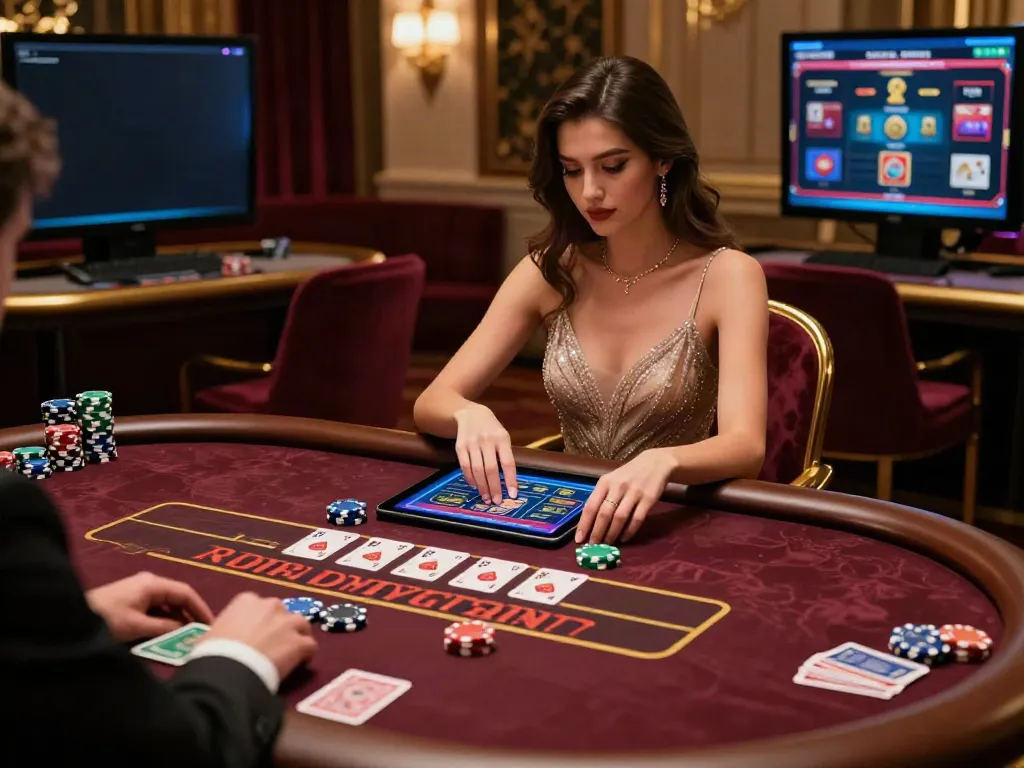 Non UK casino experience with elegant dealer and virtual gaming table.