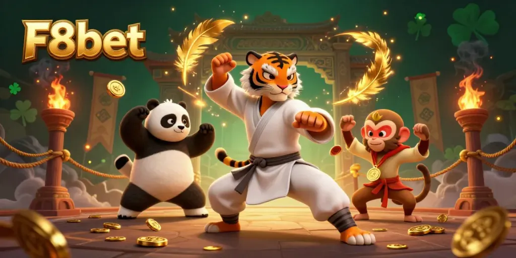 Experience the thrill of F8bet with a kung fu tiger, panda disciple, and mischievous monkey in a vibrant casino scene.