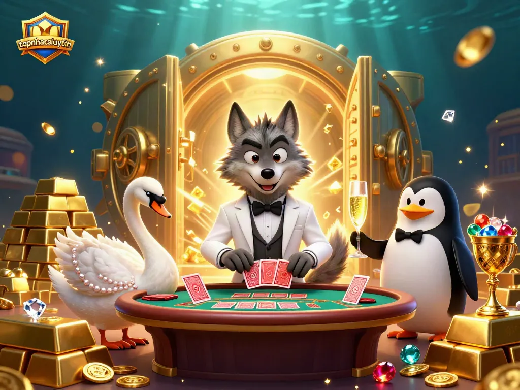 Engage in topnhacaiuytin's vibrant casino scene featuring a wolf, swan, and penguin.