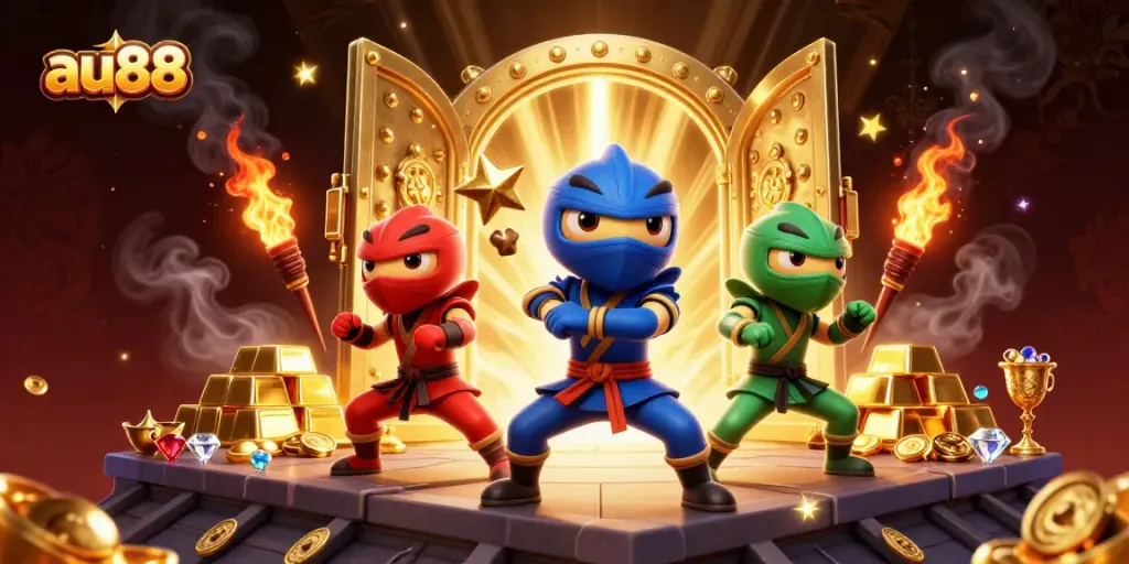 Experience the thrilling wins at au88 with a dynamic scene of ninja chameleons and treasures.