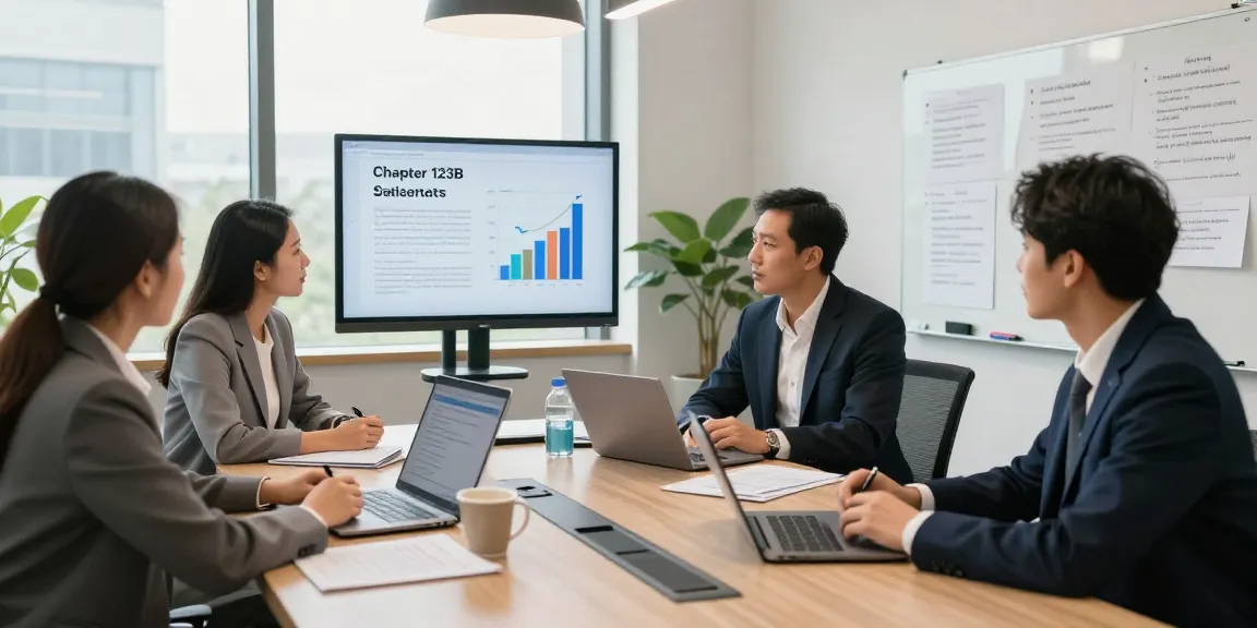 Team discussing Chapter 123B statutes in a modern office setting.