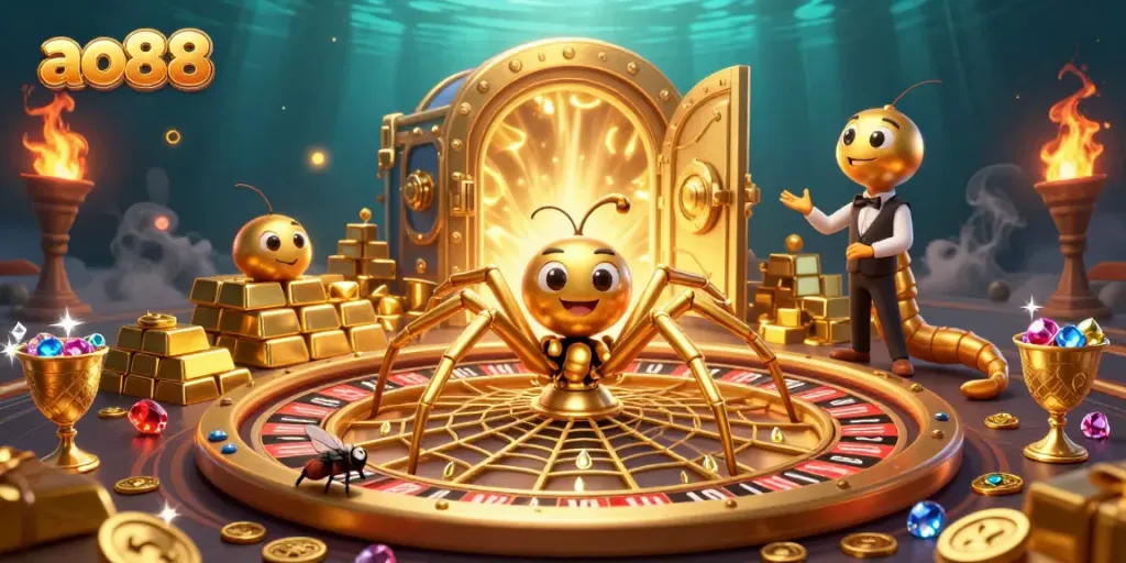 Experience thrilling bets at ao88 with a giant roulette wheel web spun by a magical spider in this vibrant casino scene.