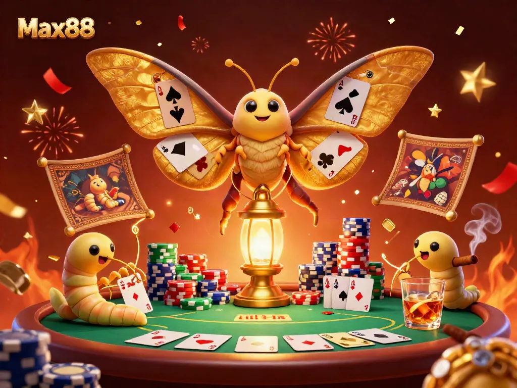 Engage in casino excitement with Max88 as an atlas moth showcases golden wings over a vibrant poker scene.