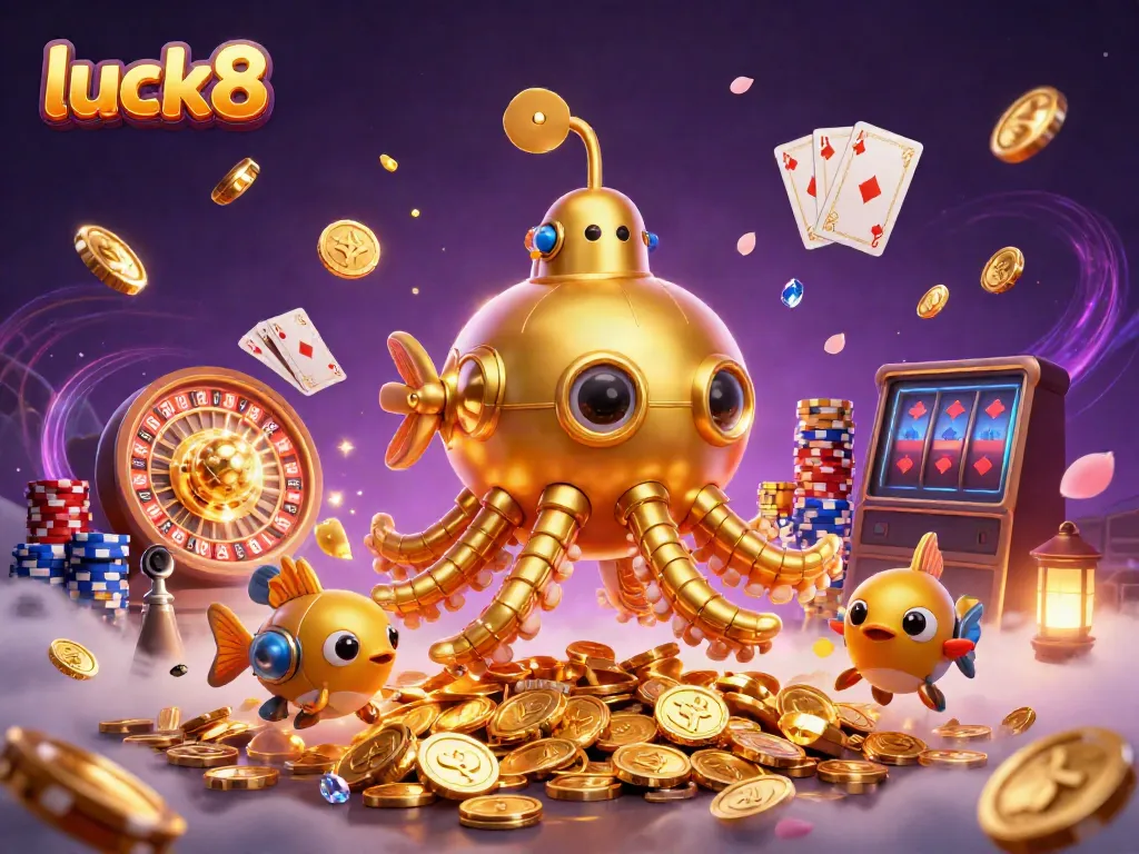 Experience thrilling wins at luck8 with a captivating slot machine surrounded by golden coins and vibrant casino elements.