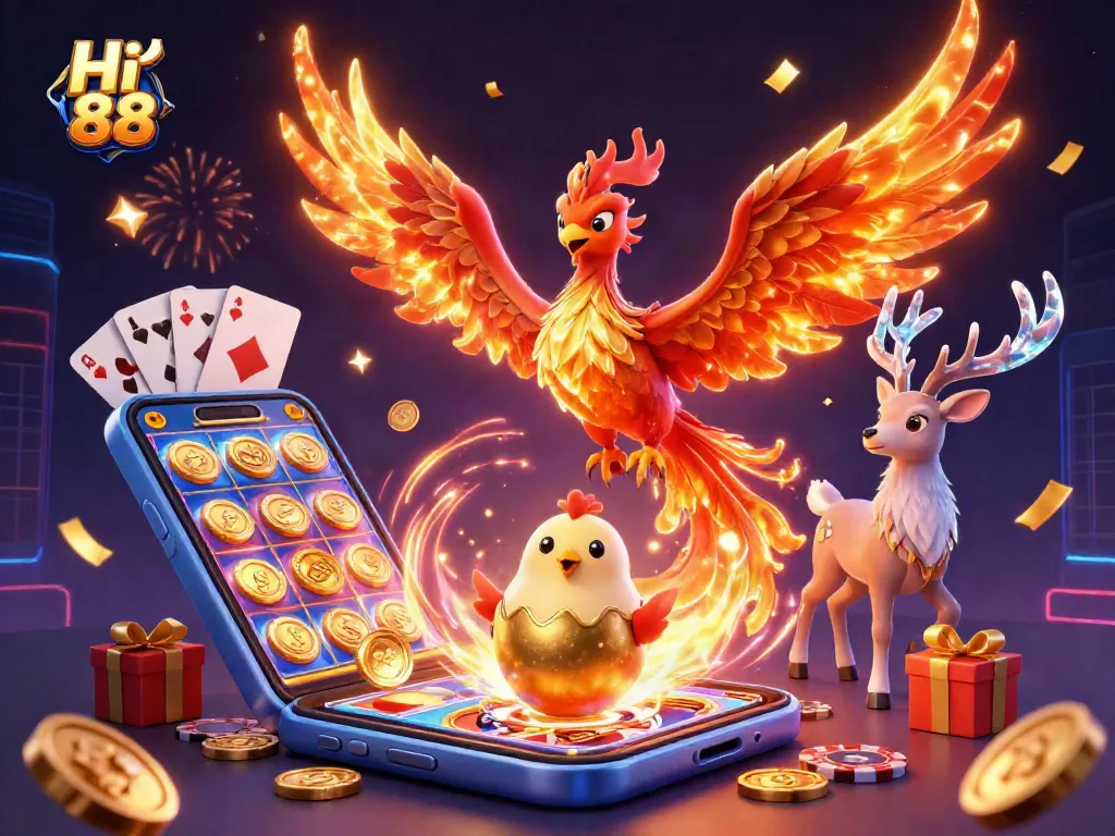 Play slots and win big with Hi 88's vibrant 3D casino scene full of excitement.