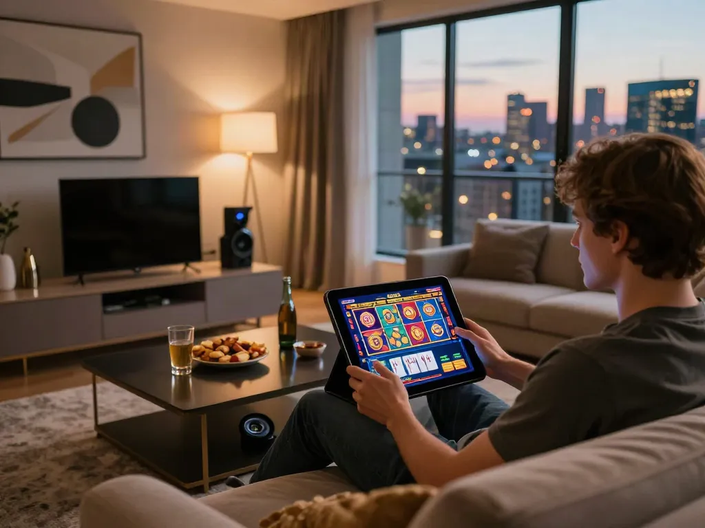 Enjoying a thrilling experience with non UK casino games on a tablet in a modern living room.