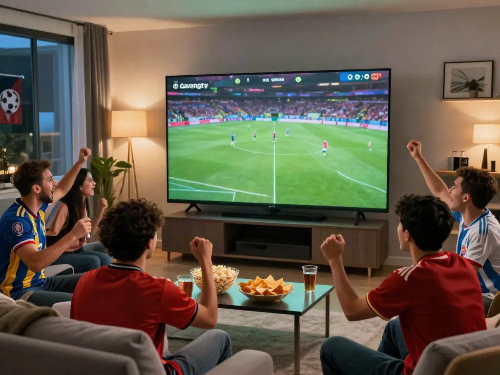 Fans enjoying Gavangtv live football match in a vibrant living room.