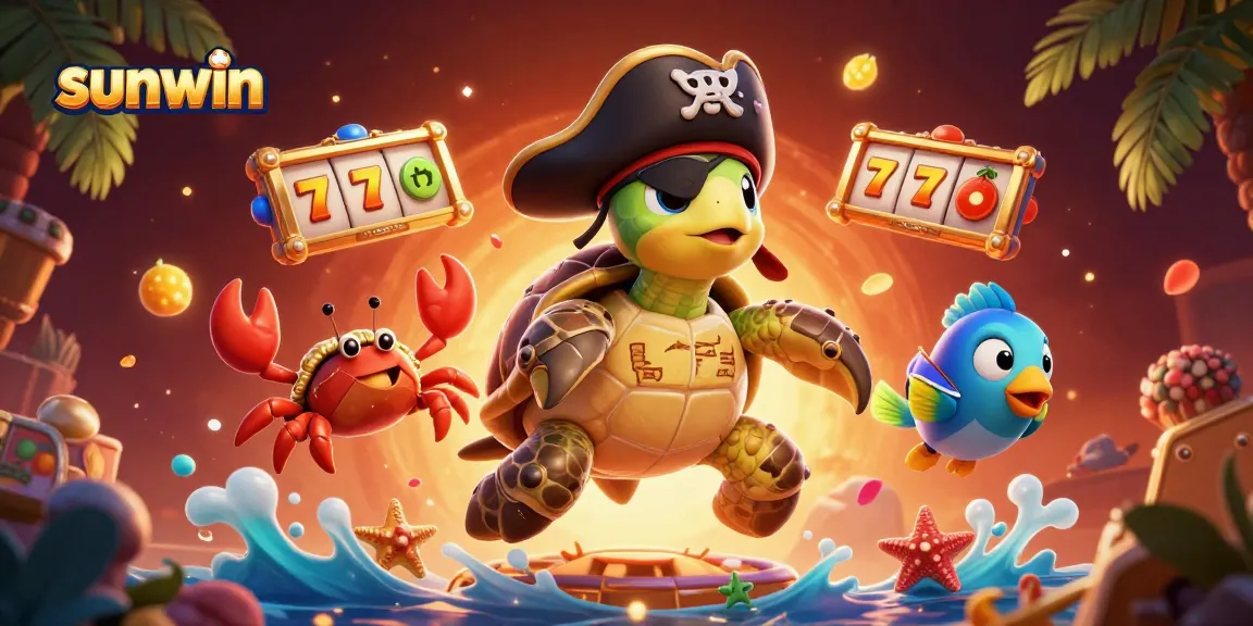 Experience sunwin's thrilling slot adventures with a pirate turtle and friends revealing hidden treasures!