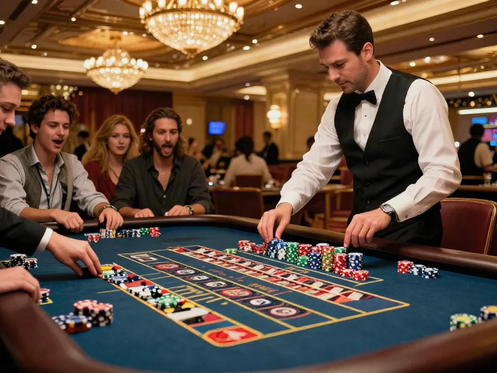 Exciting non UK casino scene with lively roulette table and engaged players.