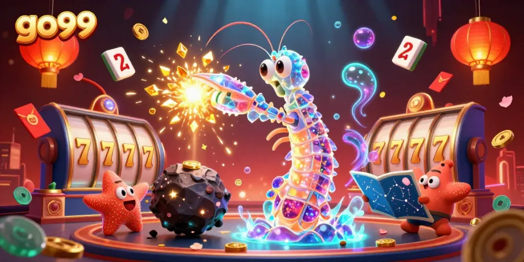 Experience the thrill of go99 with a galactic samurai mantis shrimp and slot reels in a vibrant casino illustration.