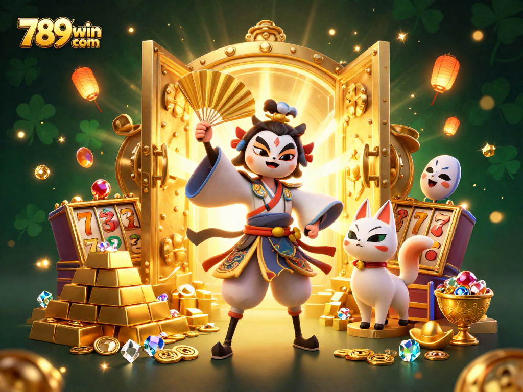 Engage with thrilling 789win com casino vibes, featuring kabuki warriors, slot reels, and dazzling treasures.