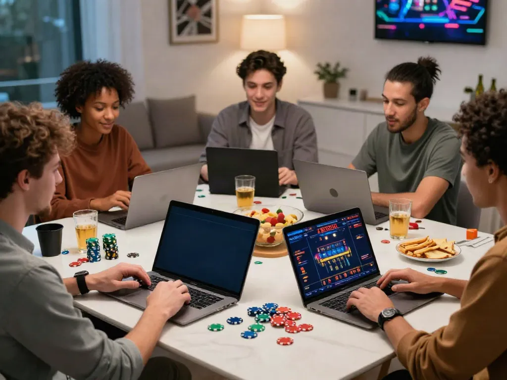Friends enjoying a lively game night with non UK casino games and snacks.