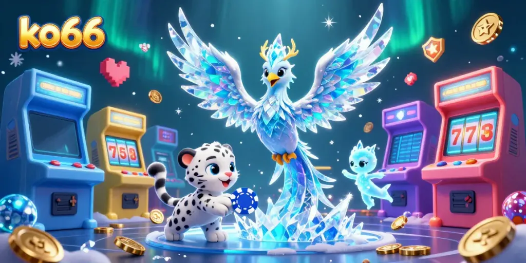 Experience the excitement at ko66 with a vibrant 3D casino illustration highlighting unique gaming elements and characters.