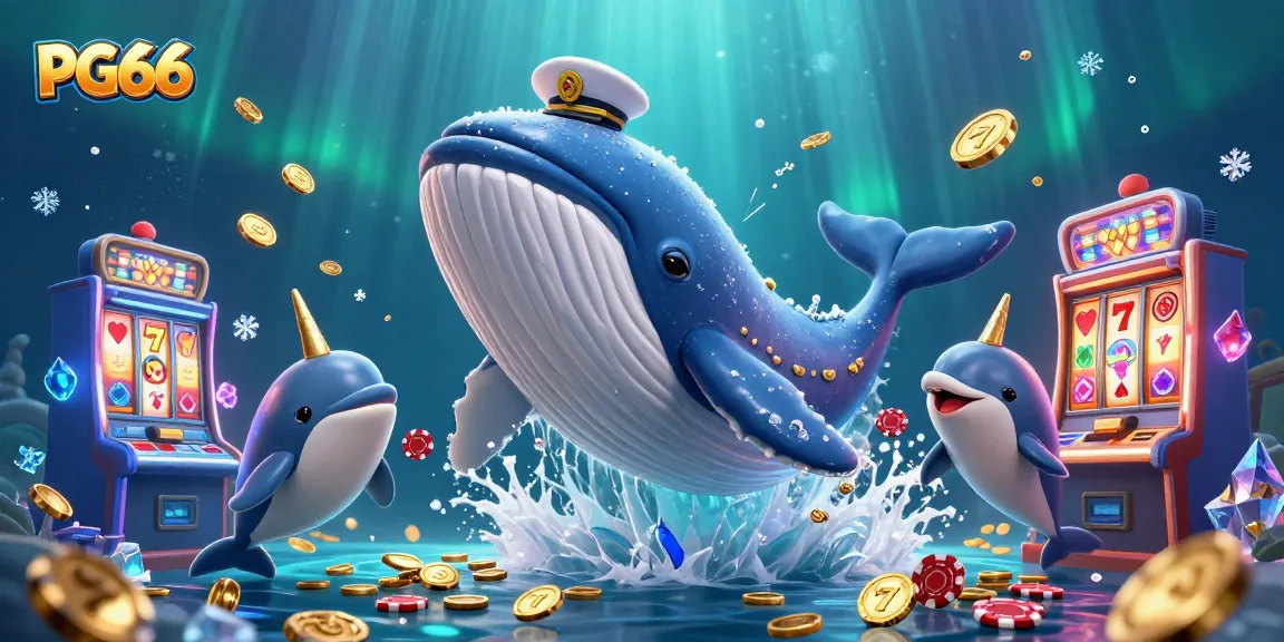 Experience PG66's thrilling casino adventures with vibrant whales and playful dolphins amidst gold coins and slot machines.