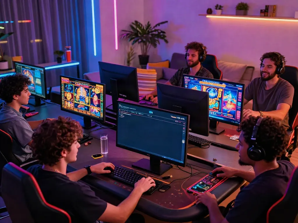 Engaging non UK casino scene with diverse players enjoying online gaming in a modern setting.