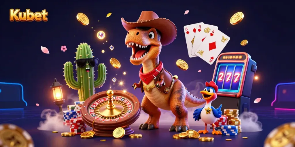 Kubet’s vibrant casino scene featuring cartoon dinosaur and companions amidst sparkling gems and coins, capturing the excitement of gambling.