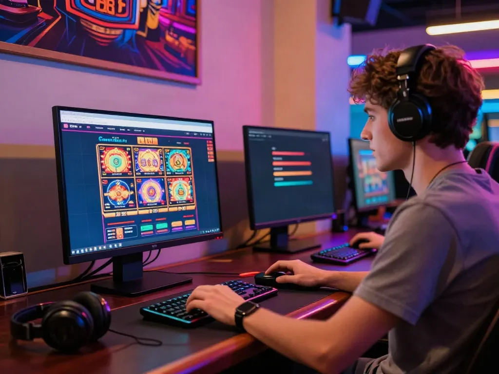 Engaging with a non UK casino website at a stylish gaming setup while surrounded by gaming accessories and colorful lighting.