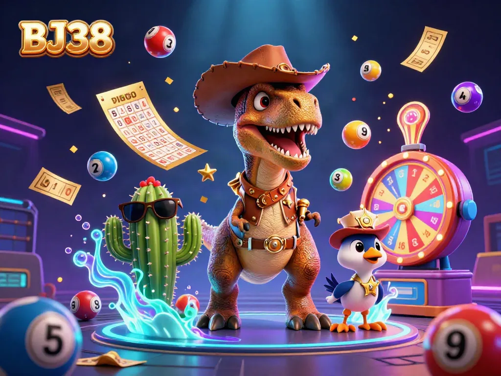 Experience vibrant casino fun with BJ38 in this dynamic 3D illustration featuring casino elements.