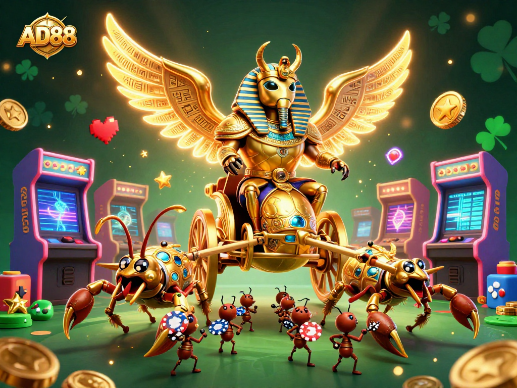 Engage in thrilling gameplay at AD88 with dynamic 3D casino elements featuring gaming machines and poker chips.
