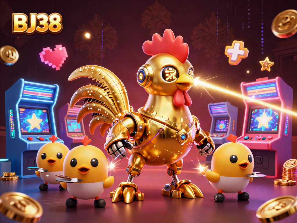 Engage with BJ38's exciting casino world featuring golden rooster robots and arcade games.