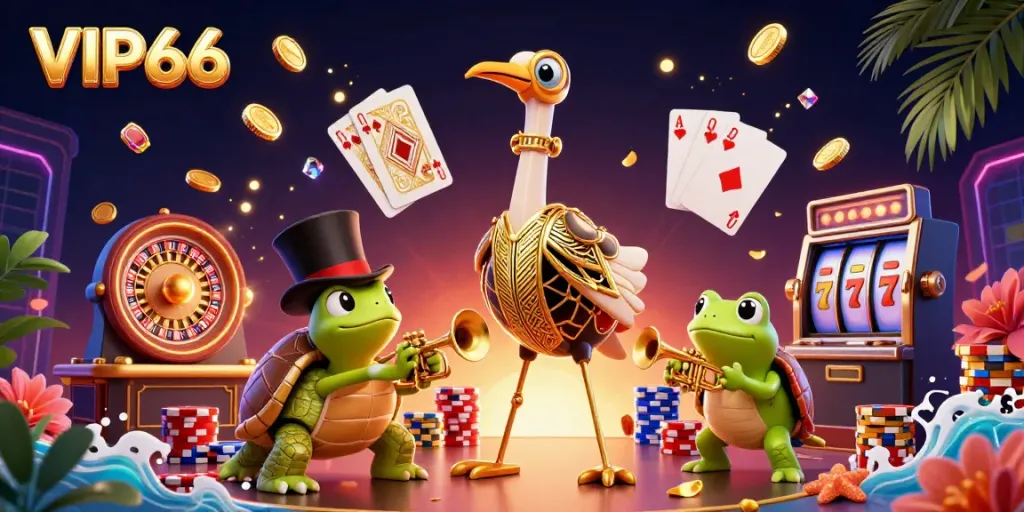 Experience VIP66's vibrant gaming world with roaring twenties characters in an enchanting casino scene.