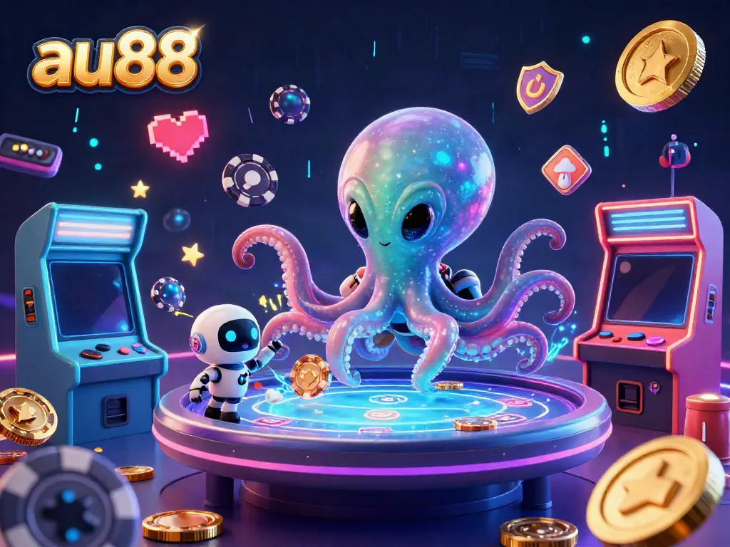 Experience the excitement of au88 with alien octopus gambling at a holographic poker table in a futuristic casino.