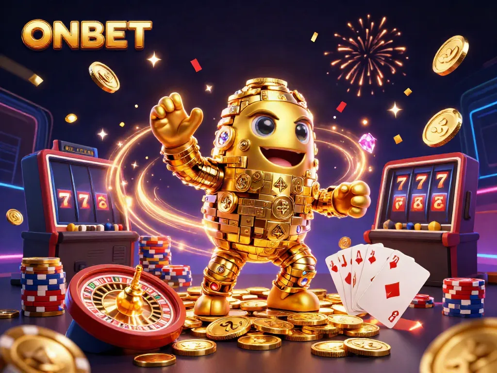 Witness the ONBET golden golem amidst thrilling casino action and vibrant game elements.