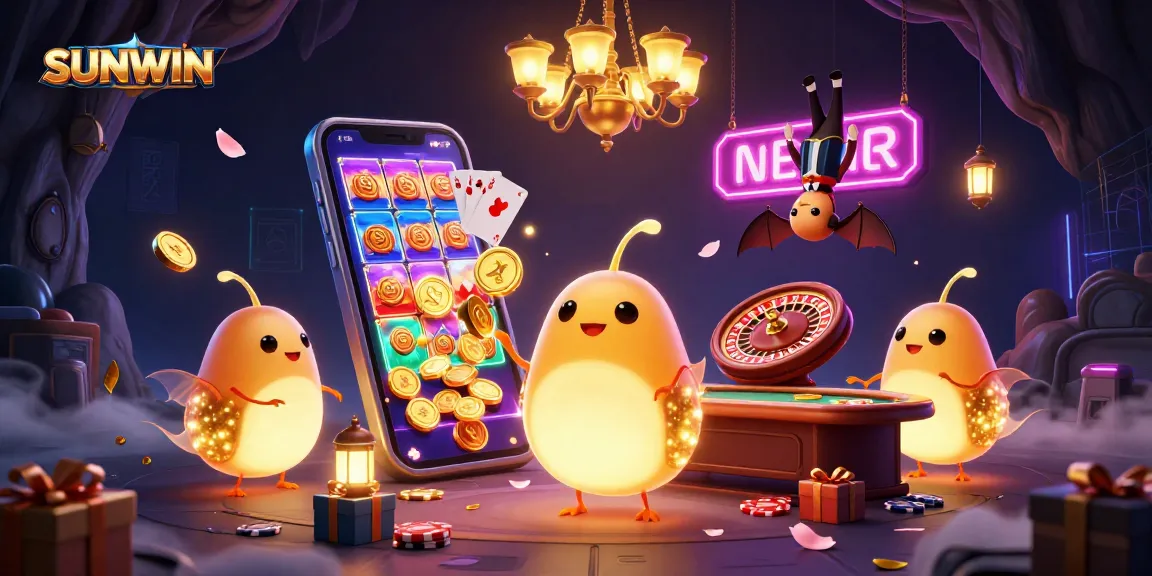 SUNWIN illuminates the casino with glowing glowworms and a bat dealer, showcasing vibrant slot action and gaming elements.